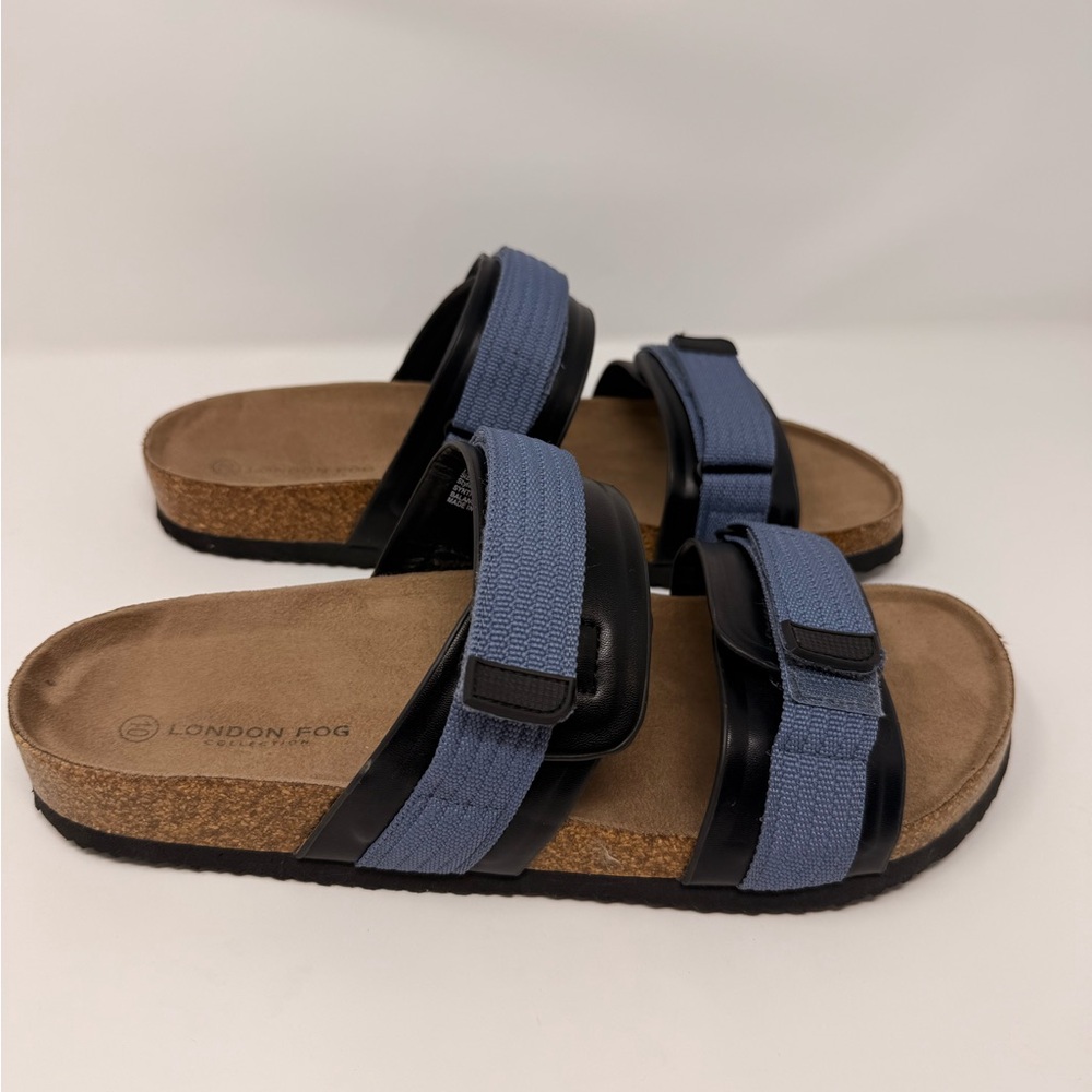 London Fog Collection Men's Blue Sandals featuring a double velcro strap design